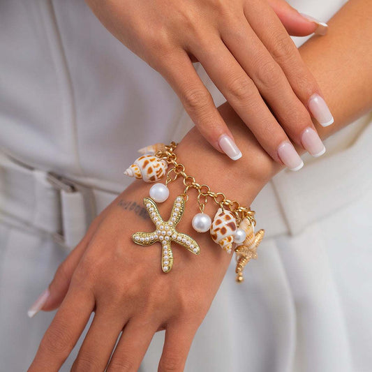 Conch Shell & Pearl Goldtone Starfish Charm Bracelet
