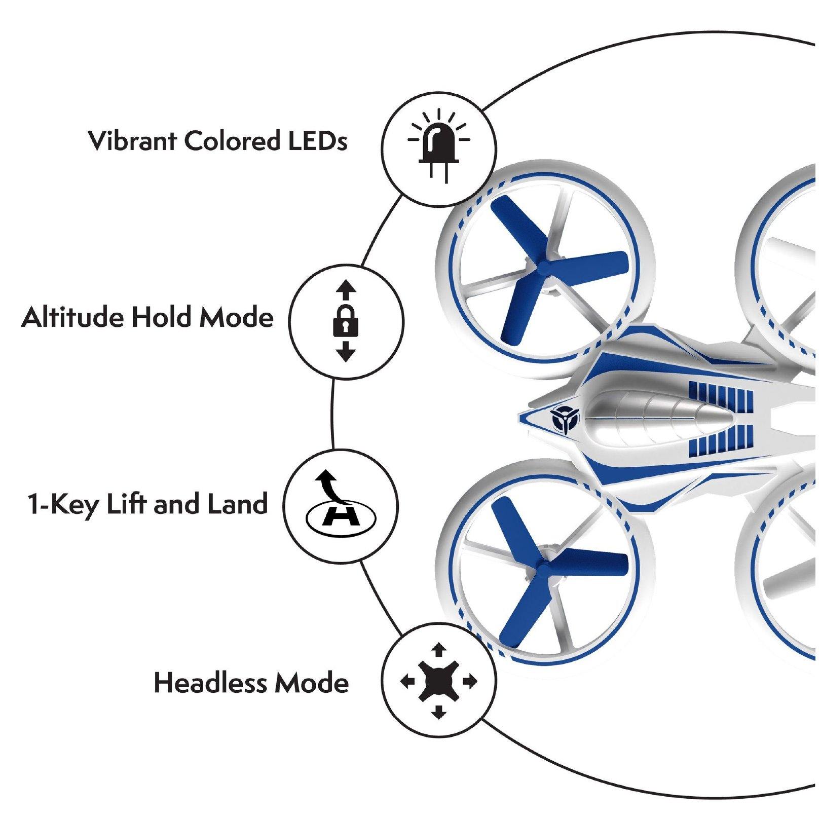 White drone, white remote control, and blue propellers-
