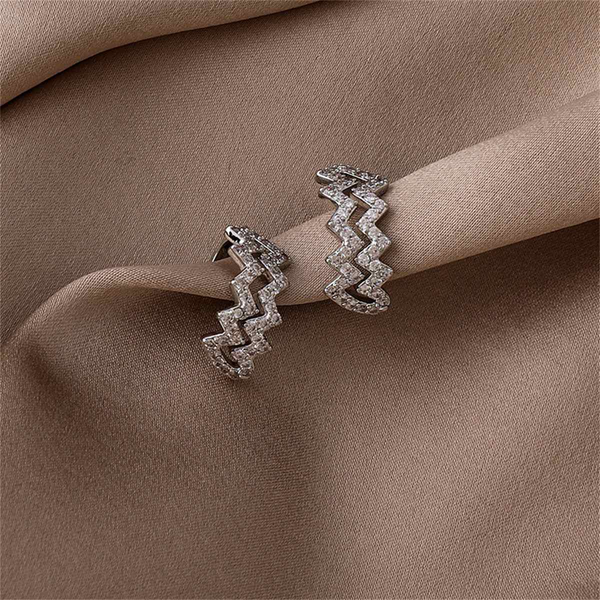 Cubic Zirconia & Silvertone Wave Clip-On Earrings