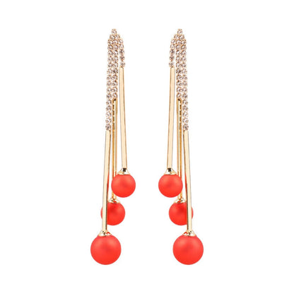Red Resin & Cubic Zirconia Ball Tassel Drop Earrings