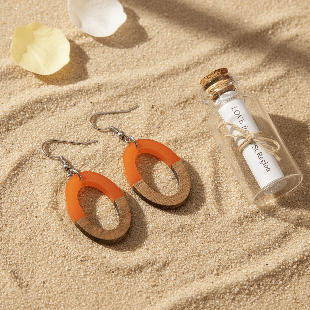 Orange Resin & Wood Silvertone Open Oval Hook Earrings