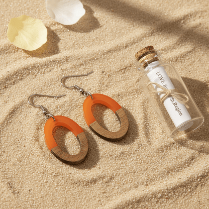 Orange Resin & Wood Silvertone Open Oval Hook Earrings