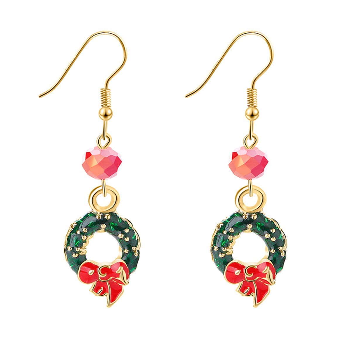 Green & Pink Enamel Goldtone Bow Wreath Drop Earrings