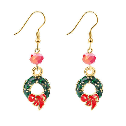 Green & Pink Enamel Goldtone Bow Wreath Drop Earrings