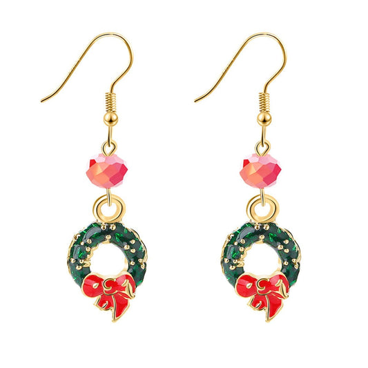 Green & Pink Enamel Goldtone Bow Wreath Drop Earrings