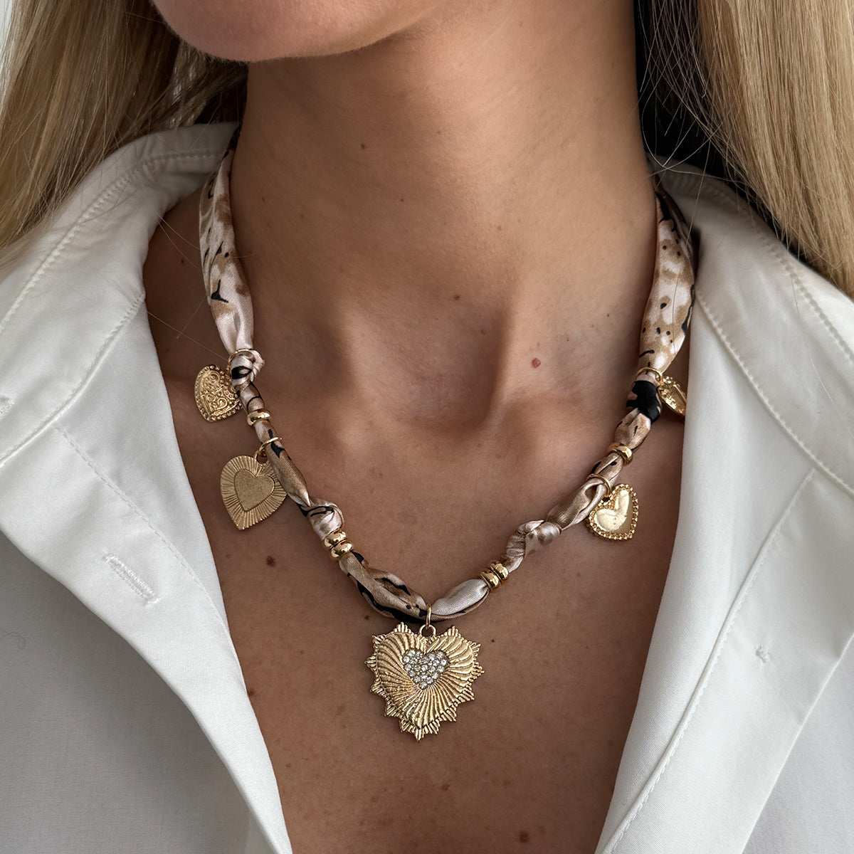 Cubic Zirconia & Polyster Goldtone Heart Station Necklace