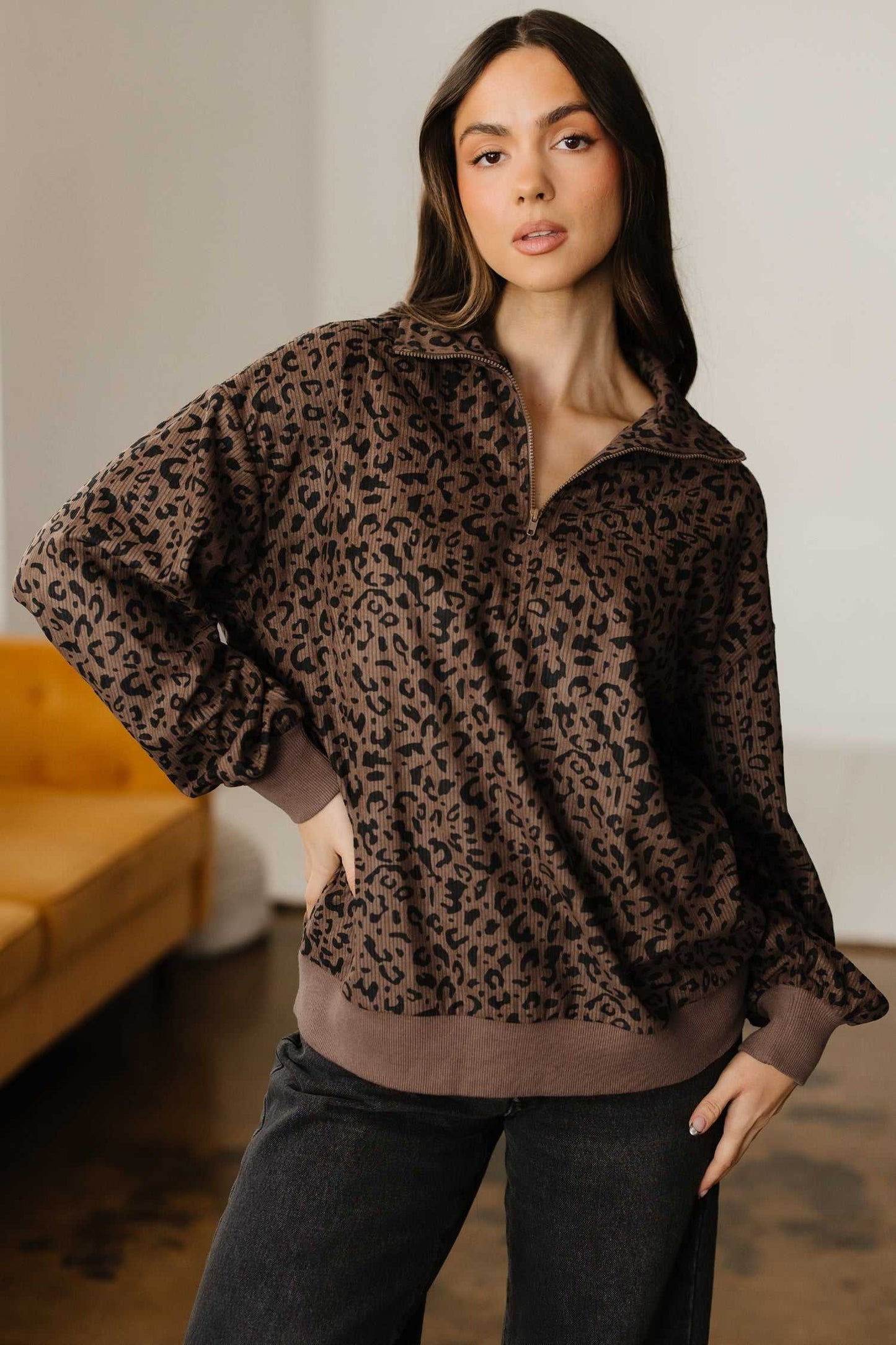 Alaya Quarter Zip Corduroy Sweatshirt - Brown / L - 12/14