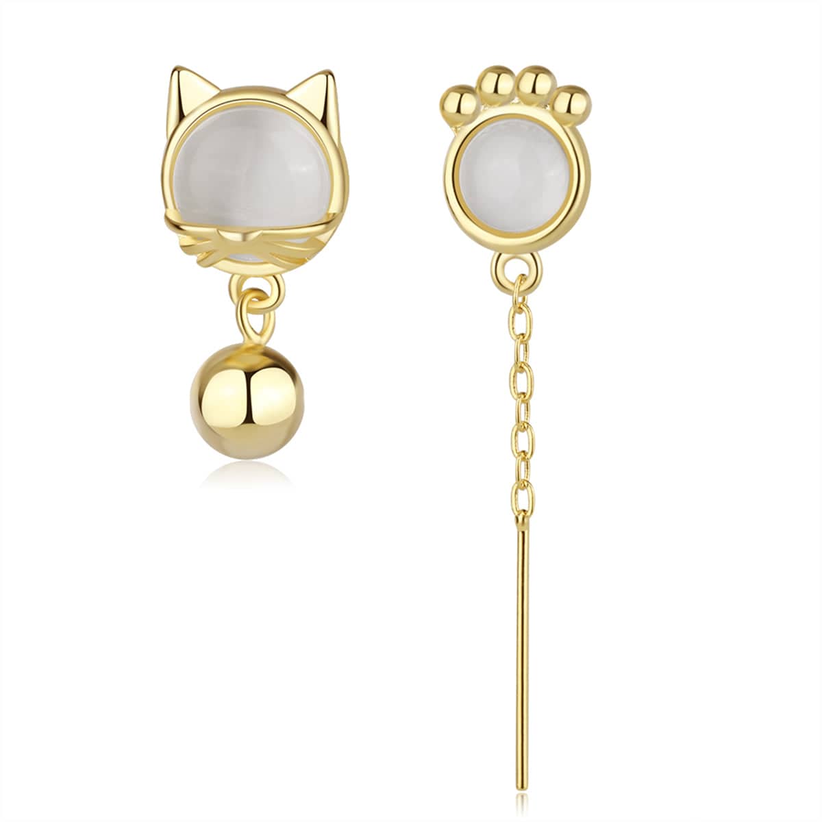 White Cat Eye & Goldtone Kitty Mismatching Drop Earrings