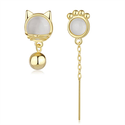 White Cat Eye & Goldtone Kitty Mismatching Drop Earrings