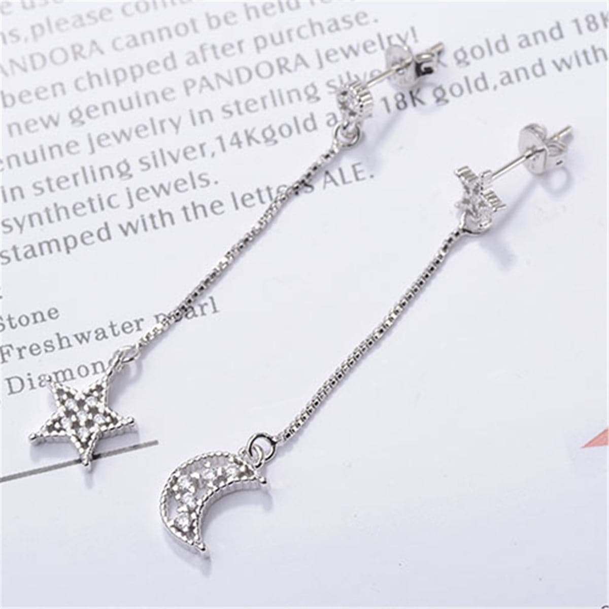 Cubic Zirconia & Silvertone Asymmetry Moon & Star Drop Earrings