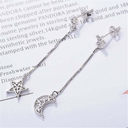 Cubic Zirconia & Silvertone Asymmetry Moon & Star Drop Earrings