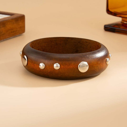 Brown Wood & Silvertone Spot Station Bangle