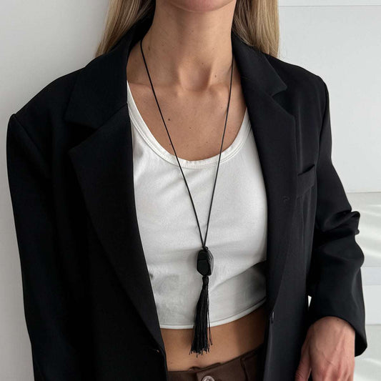 Black Irregular Resin & Polyster Tassel Necklace