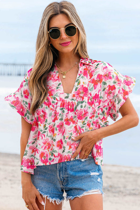 Threaded Pear Zoya Floral Ruffled Short Sleeve Blouse