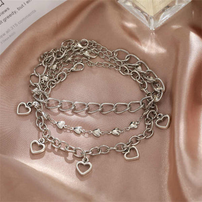 Silvertone Openwork Heart Station Charm Anklet Set
