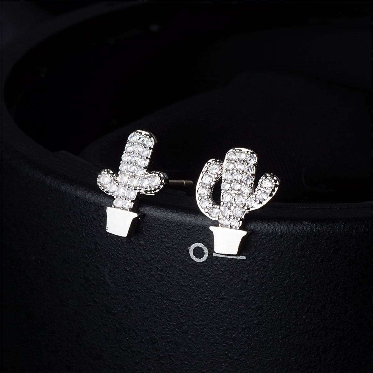 Cubic Zirconia & Silvertone Potted Cactus Stud Earrings