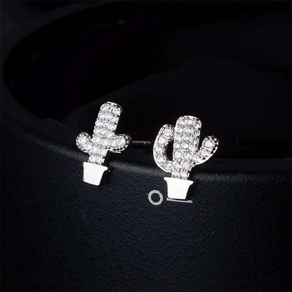 Cubic Zirconia & Silvertone Potted Cactus Stud Earrings