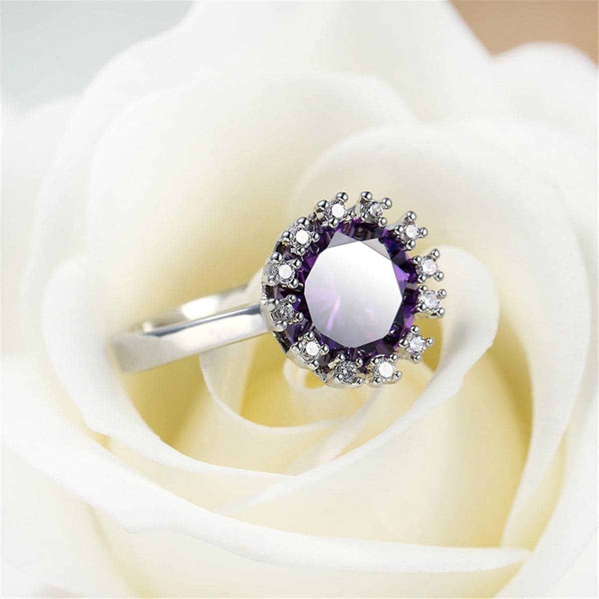 Purple Crystal & Cubic Zirconia Silvertone Sunflower Ring