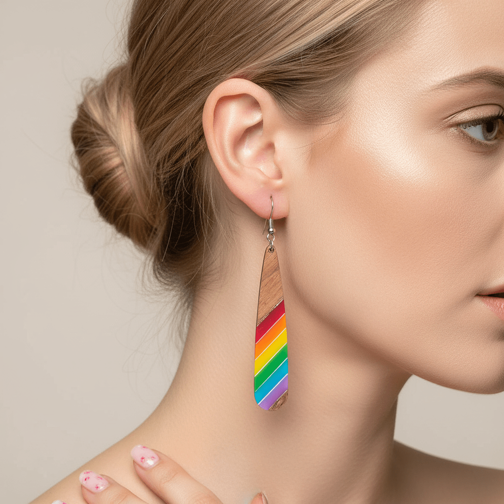 Rainbow Resin & Wood Silvertone Stripped Drop Hook Earrings