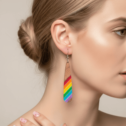 Rainbow Resin & Wood Silvertone Stripped Drop Hook Earrings