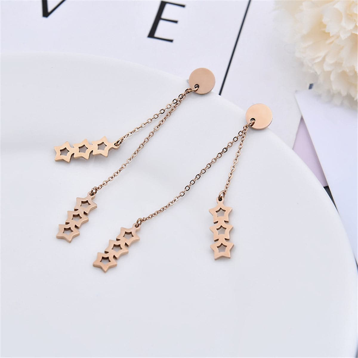 Rose Goldtone Linking Star Tassel Drop Earrings