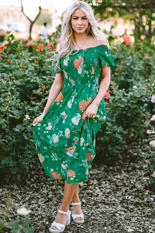 Threaded Pear Kailany Floral Bubble Sleeve Smocked Tiered Midi Dress