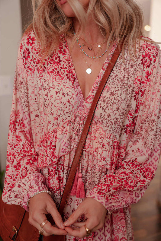 Threaded Pear Melody Floral Tassel Tie Long Sleeve Mini Dress