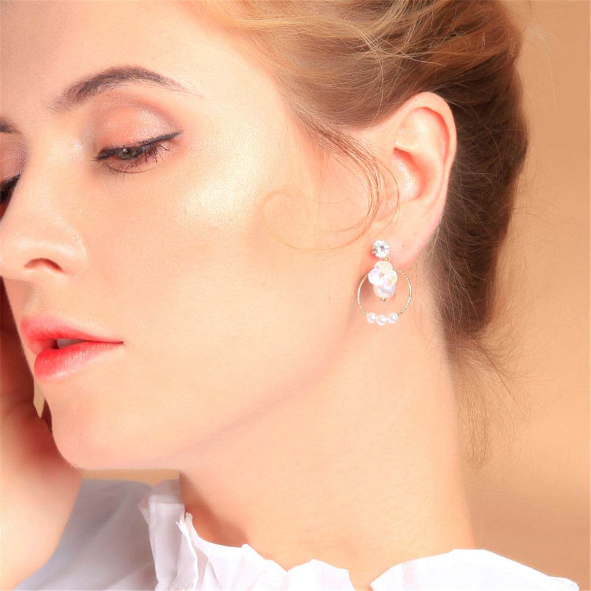 Pearl & Cubic Zirconia Goldtone Flower Ring Drop Earrings