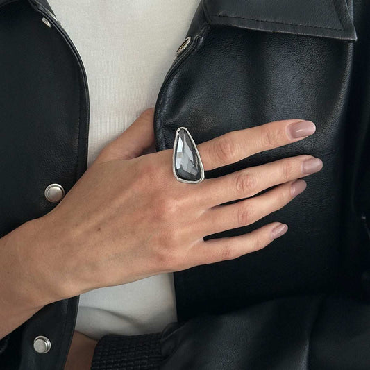 Gray Crystal & Silvertone Triangle Open Ring
