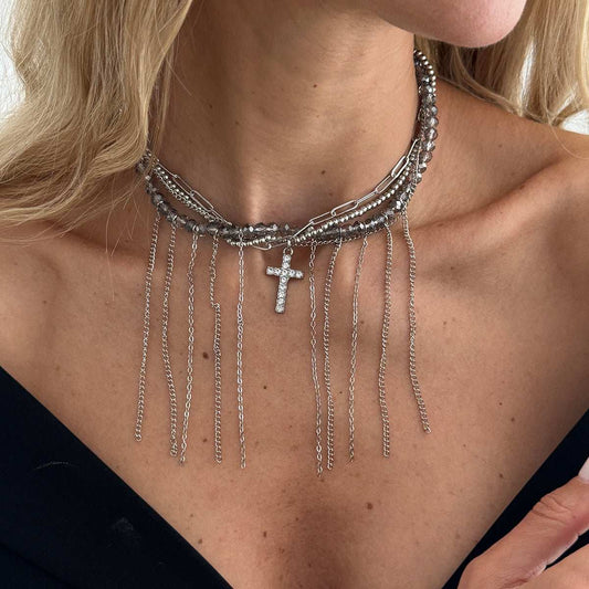 Gray Acrylic & Cubic Zirconia Silvertone Cross Tassel Collar Necklace
