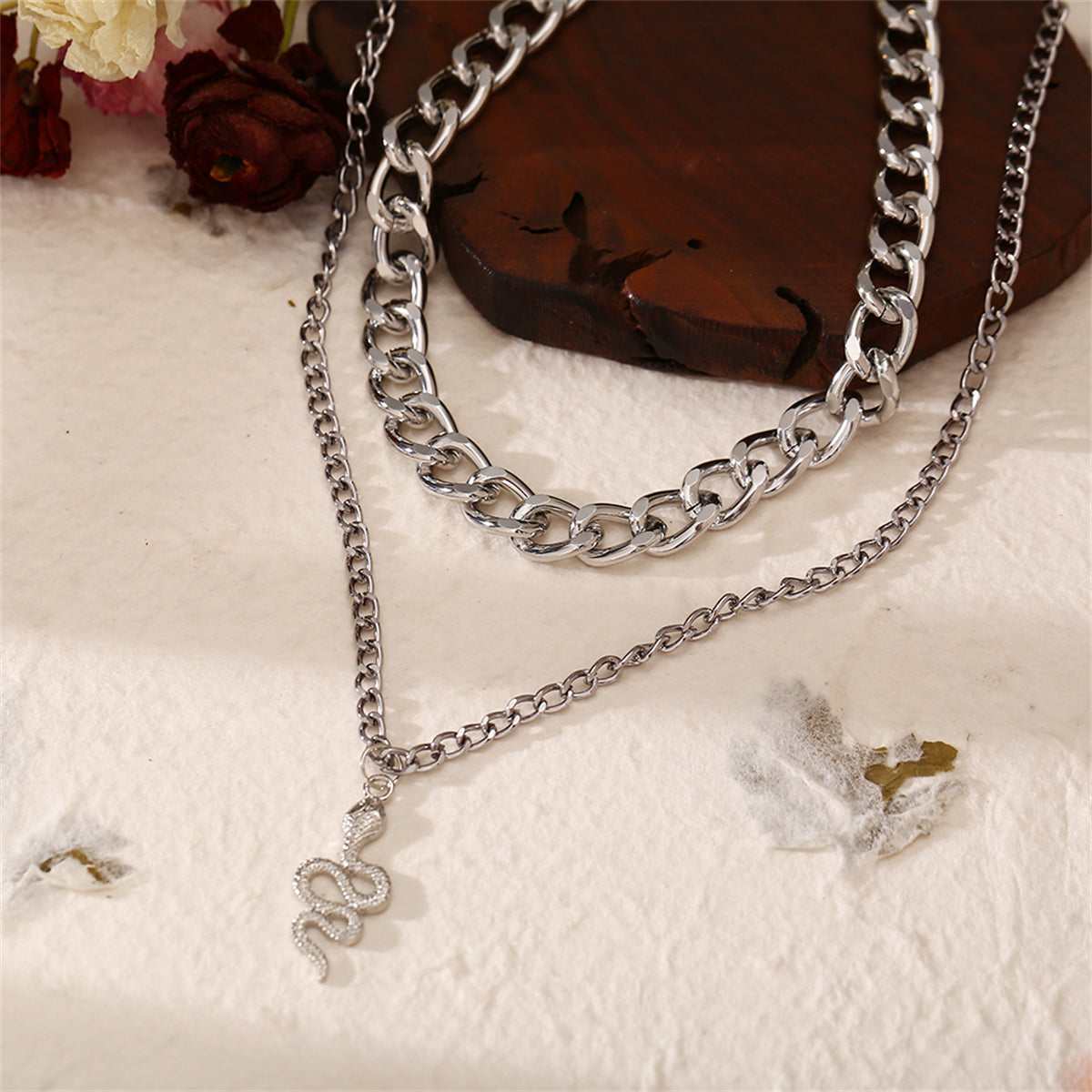 Silvertone Figaro Chain Snake Layered Pendant Necklace