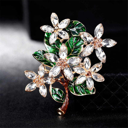 Green Crystal & Cubic Zirconia Leaves Brooch