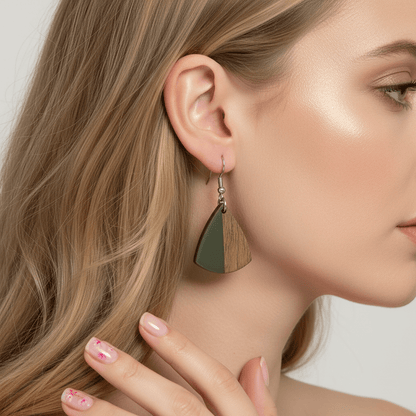 Green Resin & Wood Silvertone Shield Hook Earrings
