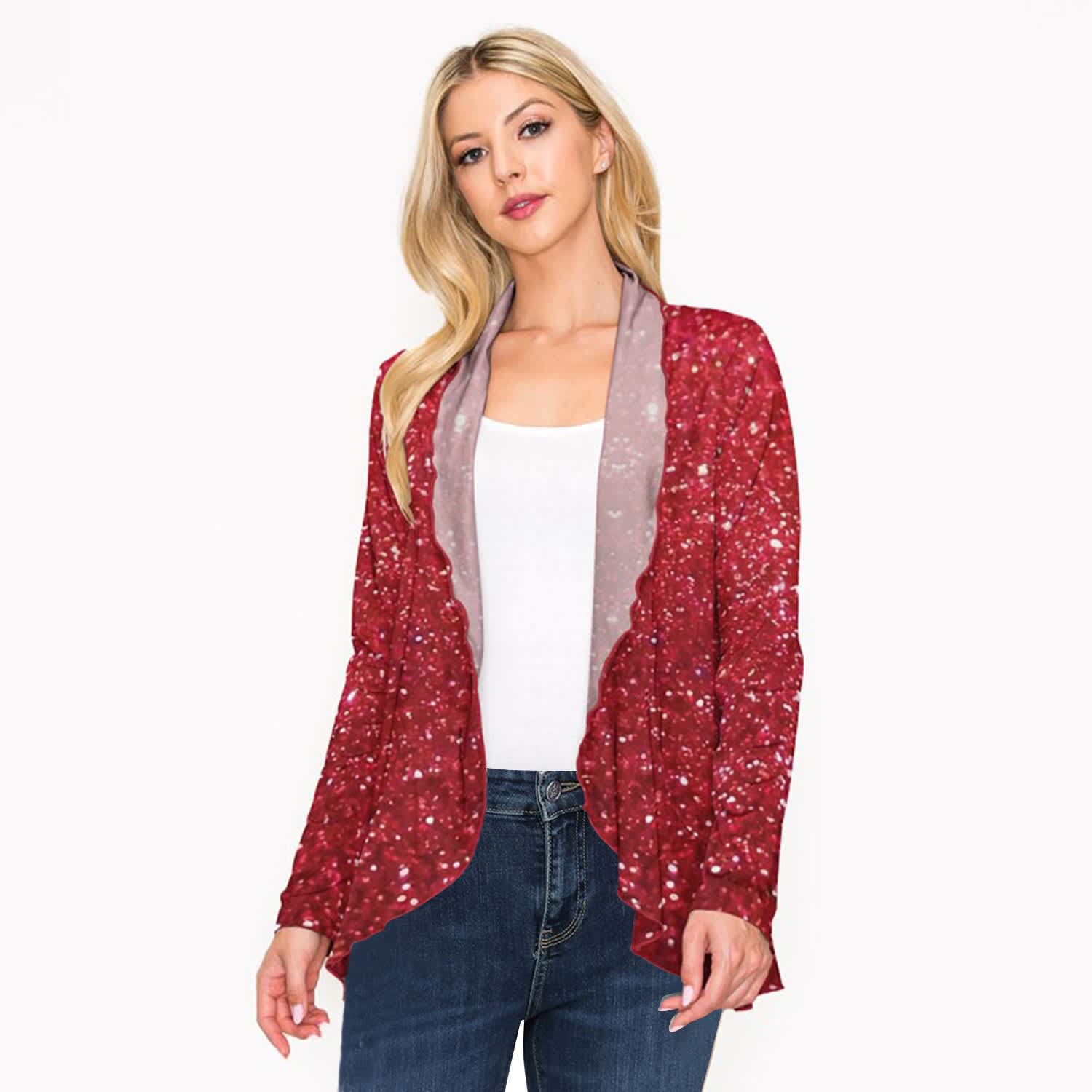 Red Glitter Print Open Front Long Sleeve Cardigan – Zulily