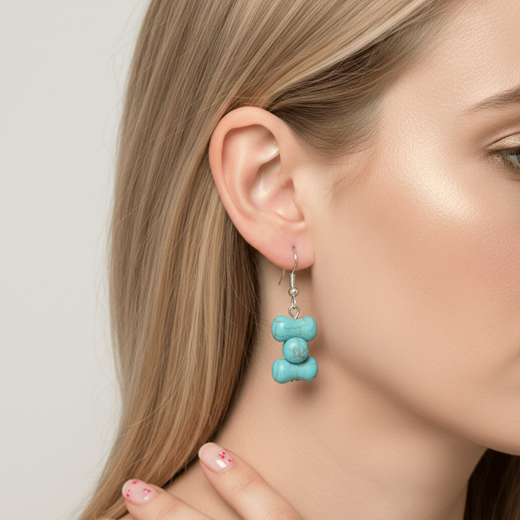 Turqouise & Silvertone Bone-Shape Stone Hook Earrings