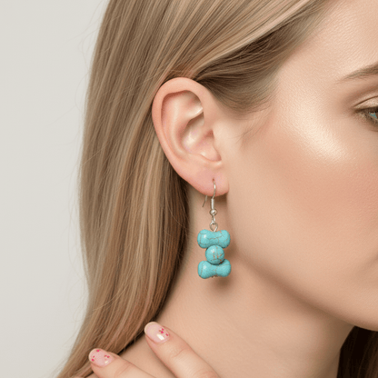 Turqouise & Silvertone Bone-Shape Stone Hook Earrings