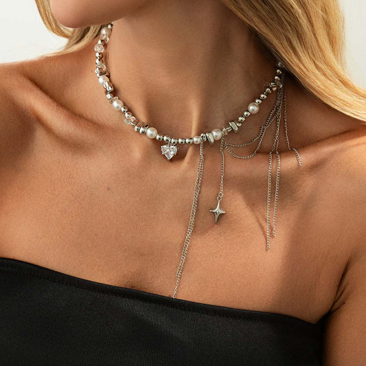 Clear Resin & Crystal Pearl Silvertone Heart Pendant Tassel Necklace