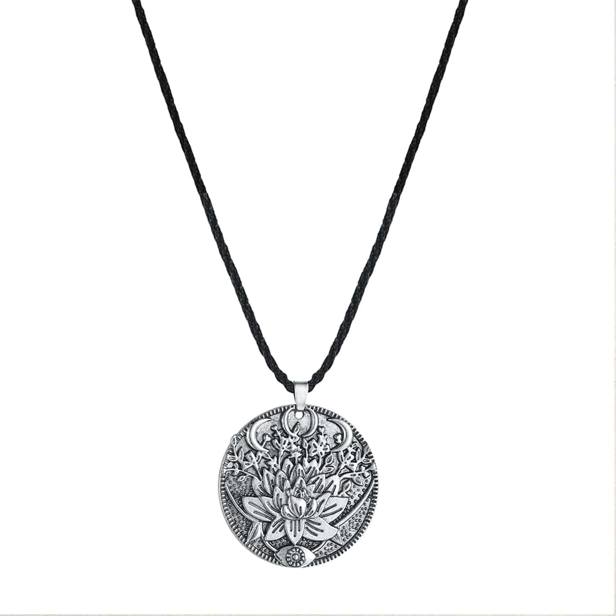 Silvertone Lotus Flower Engraved Pendant Necklace