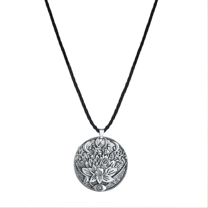 Silvertone Lotus Flower Engraved Pendant Necklace