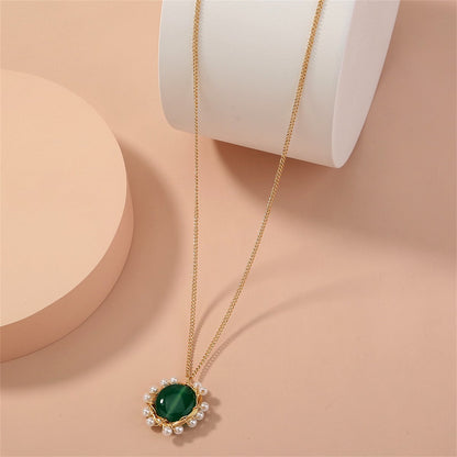 Green Crystal & Pearl Goldtone Flower Pendant Necklace