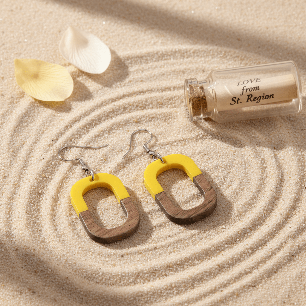 Yellow Resin & Wood Silvertone Open Rectangle Hook Earrings