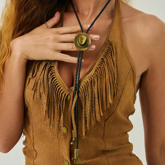 Black Polyster & Goldtone Cowgirl Hat Boot Lariat Necklace