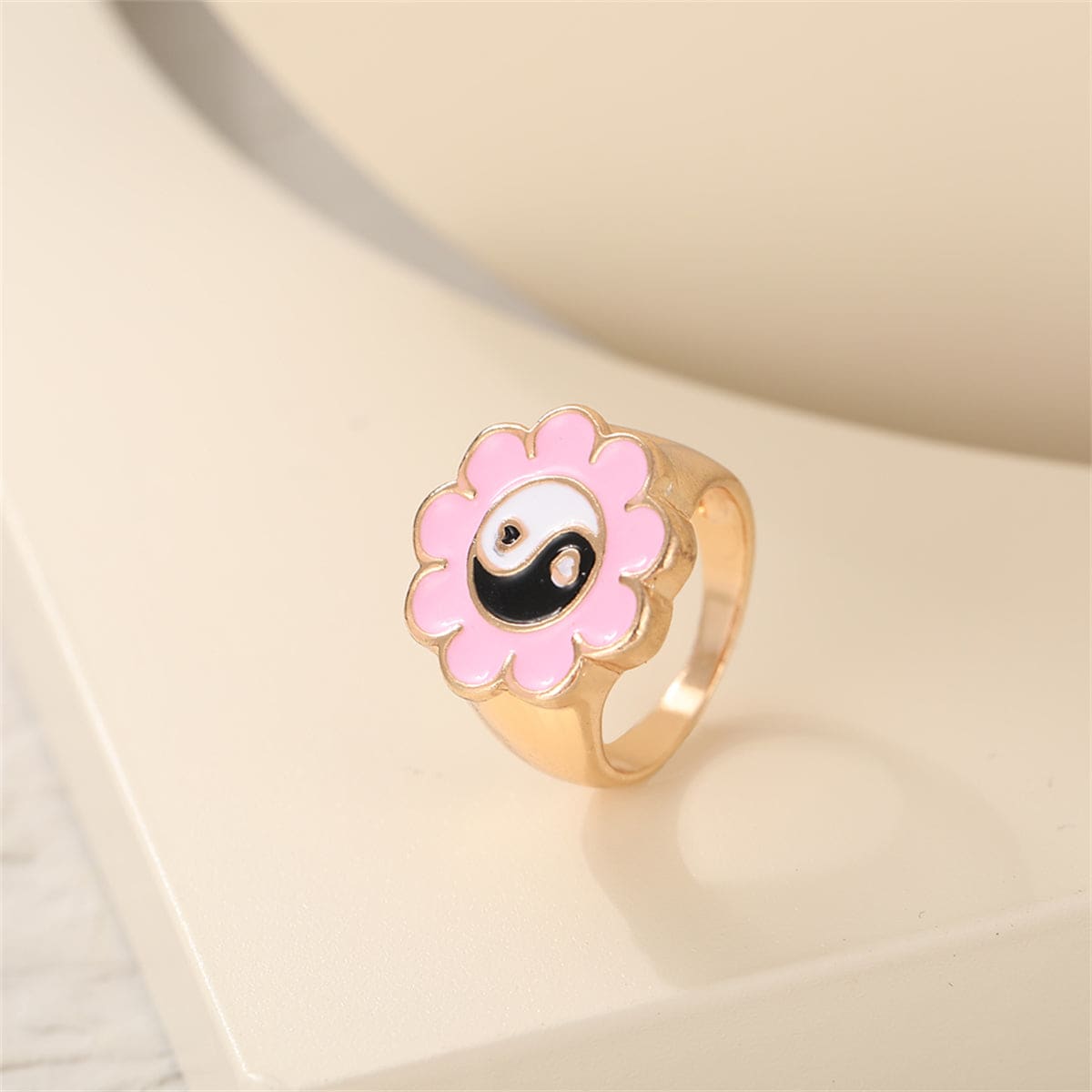 Black Enamel & Goldtone Yin Yang Flower Ring