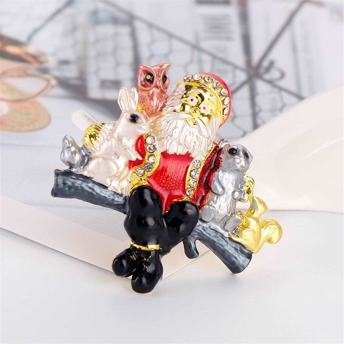 Cubic Zirconia & Enamel Silvertone Santa Claus Animals Brooch