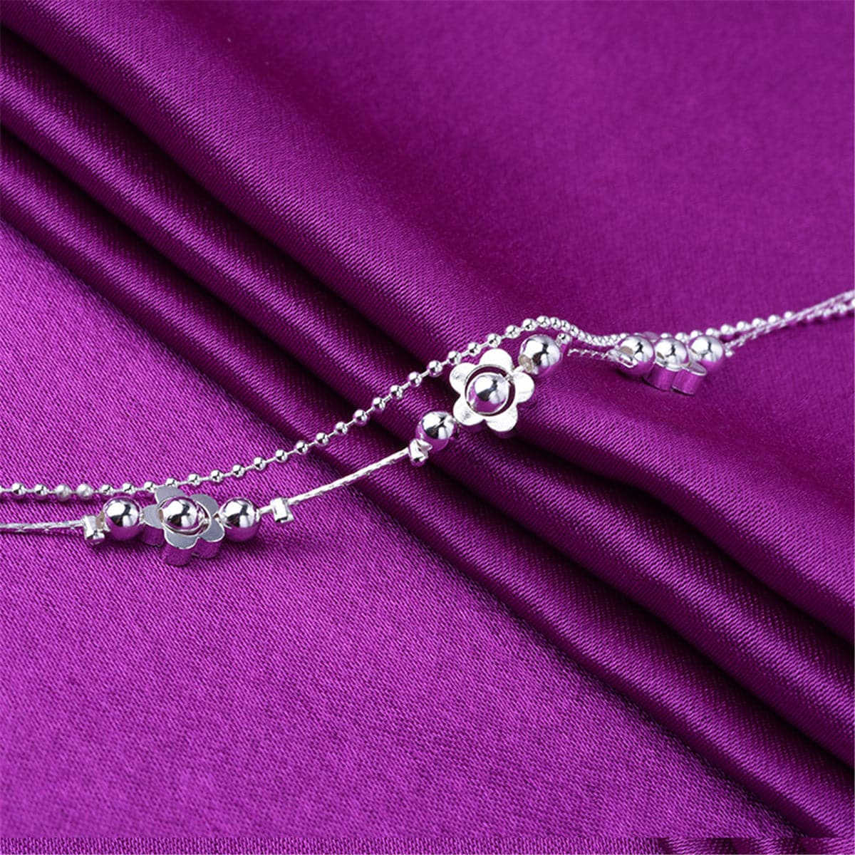 Silvertone Flower Station Layered Anklet