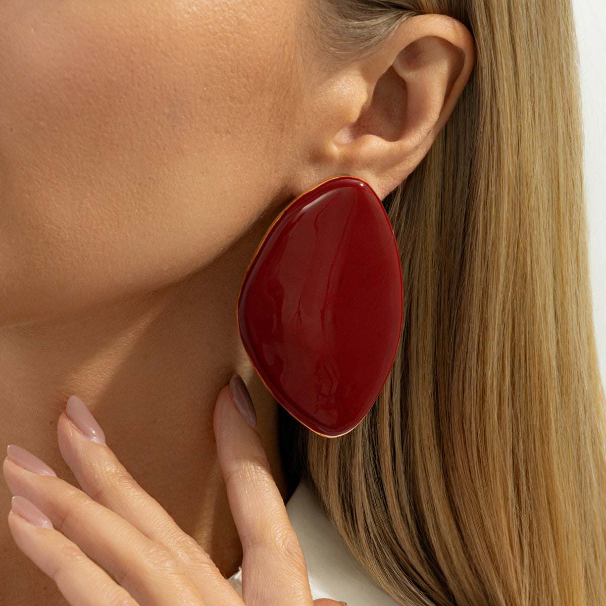 Red Enamel & Goldtone Drop Statement Stud Earrings