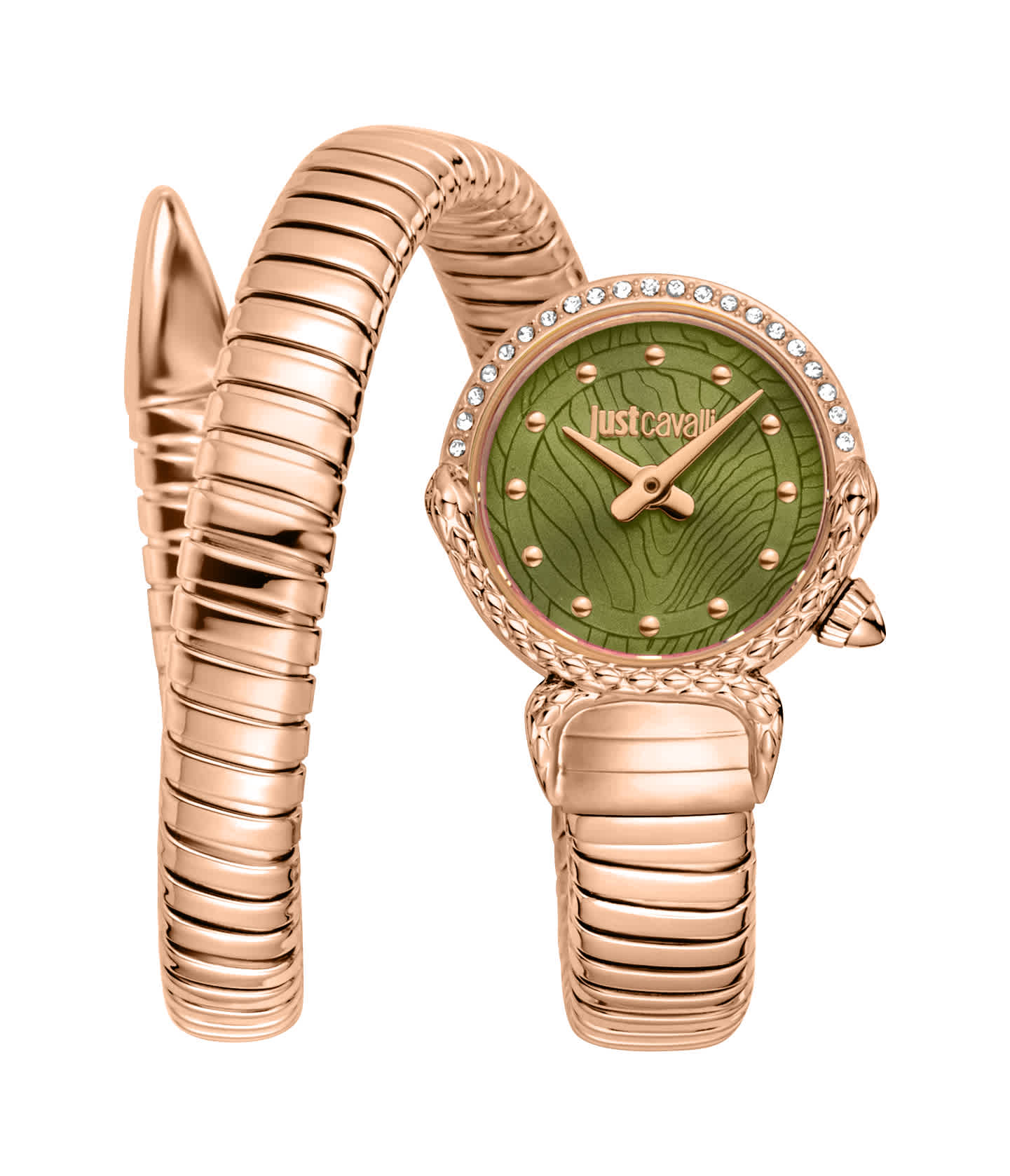 Just CAVALLI Womens's Snake Watch, Rose Gold Color Case, Olive Dial, Rose Gold Color Stainless Steel Bracelet Jc1l350m0045
