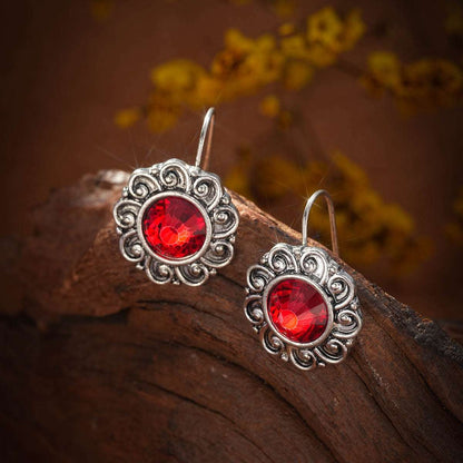 Red Crystal & Silvertone Flower Round Earrings