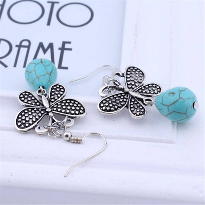 Turquoise & Silvertone Butterfly Drop Earrings