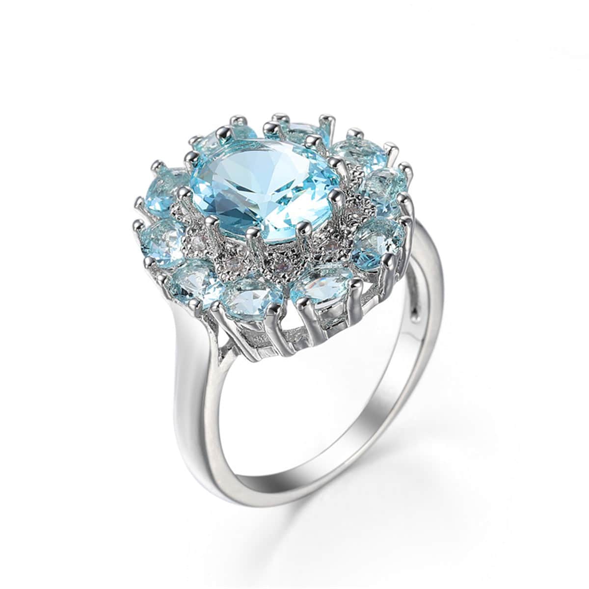 Sea Blue Crystal & Silvertone Halo Ring